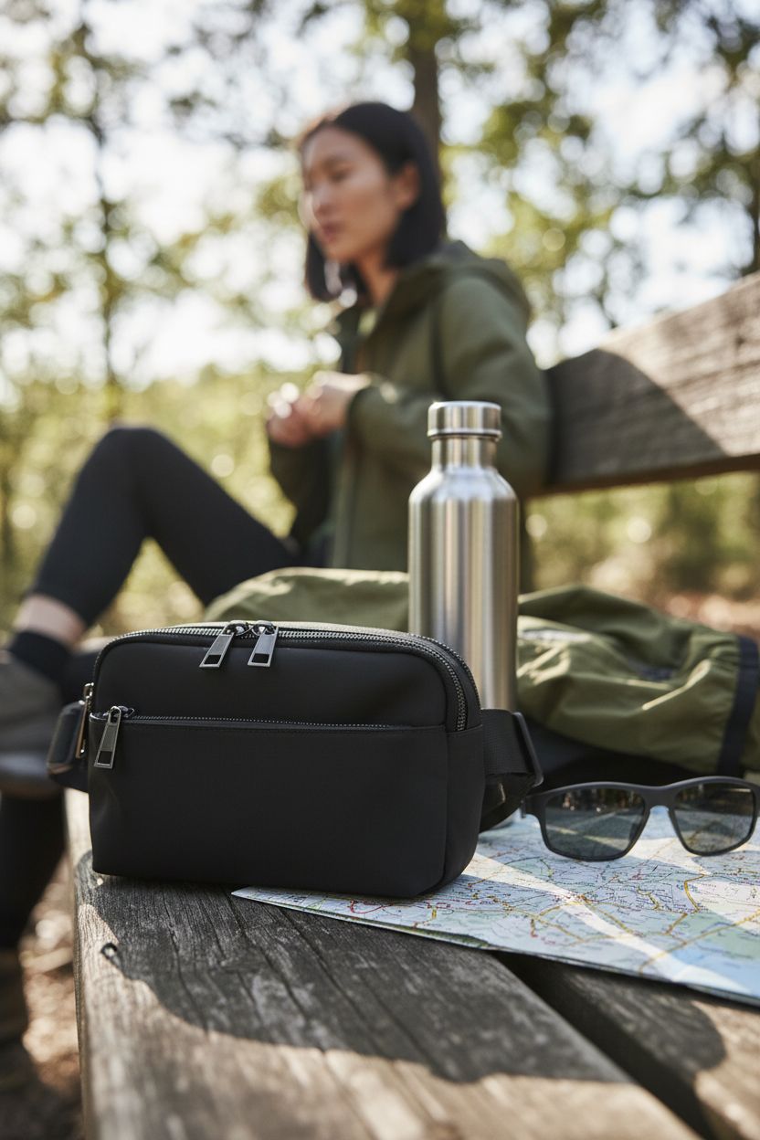 Jessie & James nylon crossbody purse resting on a bench among hiking gear at a trail stop.