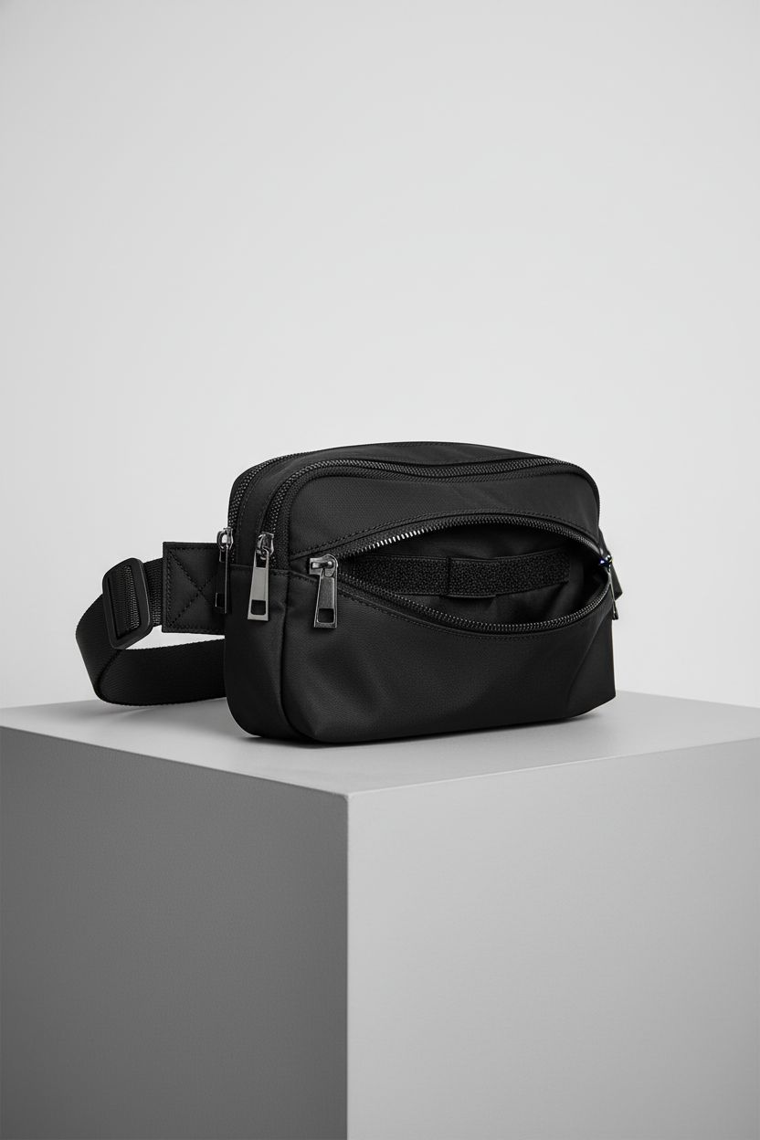 Jessie & James sleek black nylon crossbody purse showcased on a light-gray backdrop.