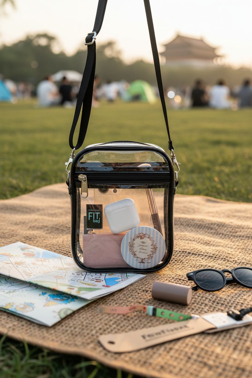 Fibrdoo clear bag on a picnic blanket with concert essentials at a festival