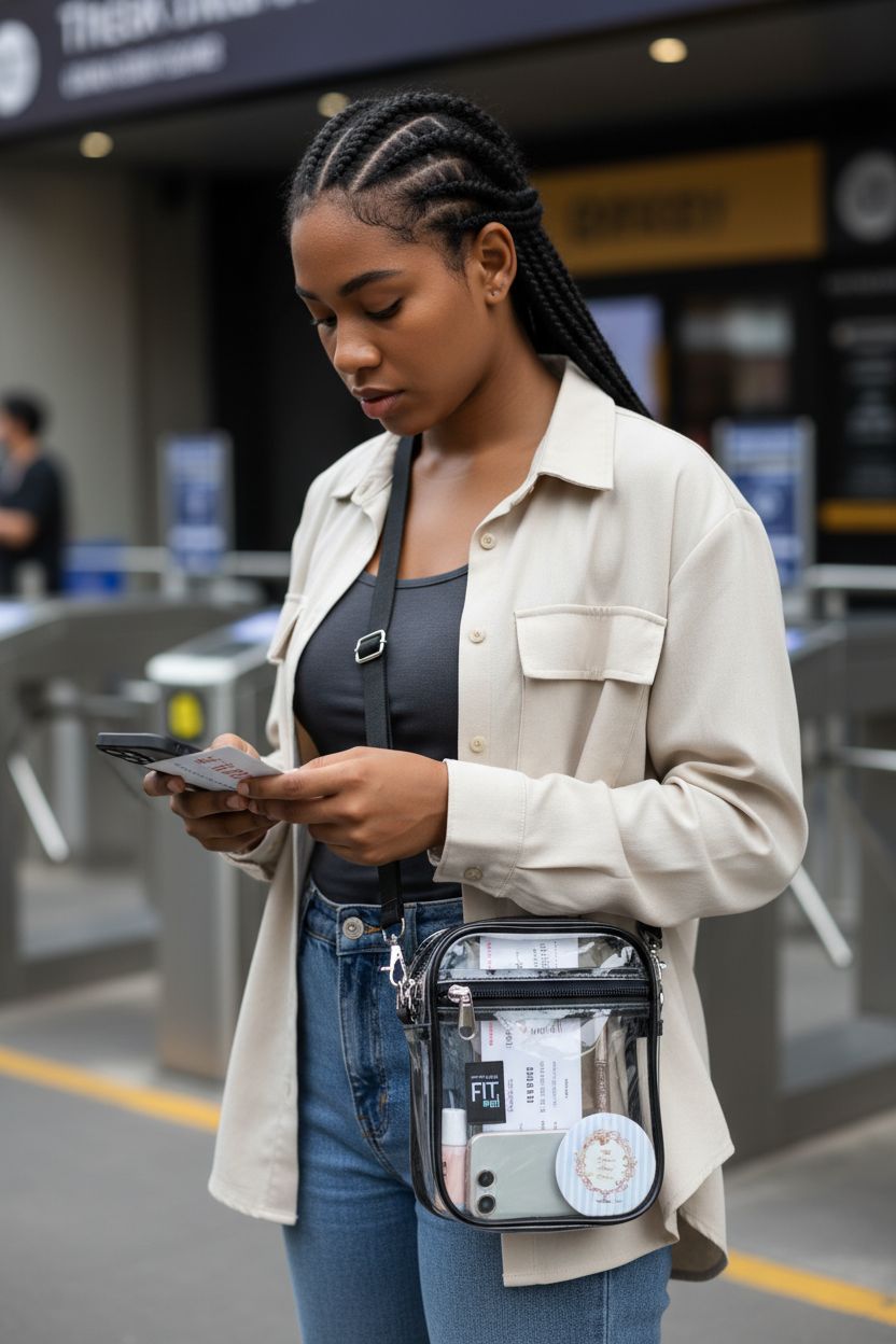 Fibrdoo clear crossbody purse bag with black piping at a concert venue entrance