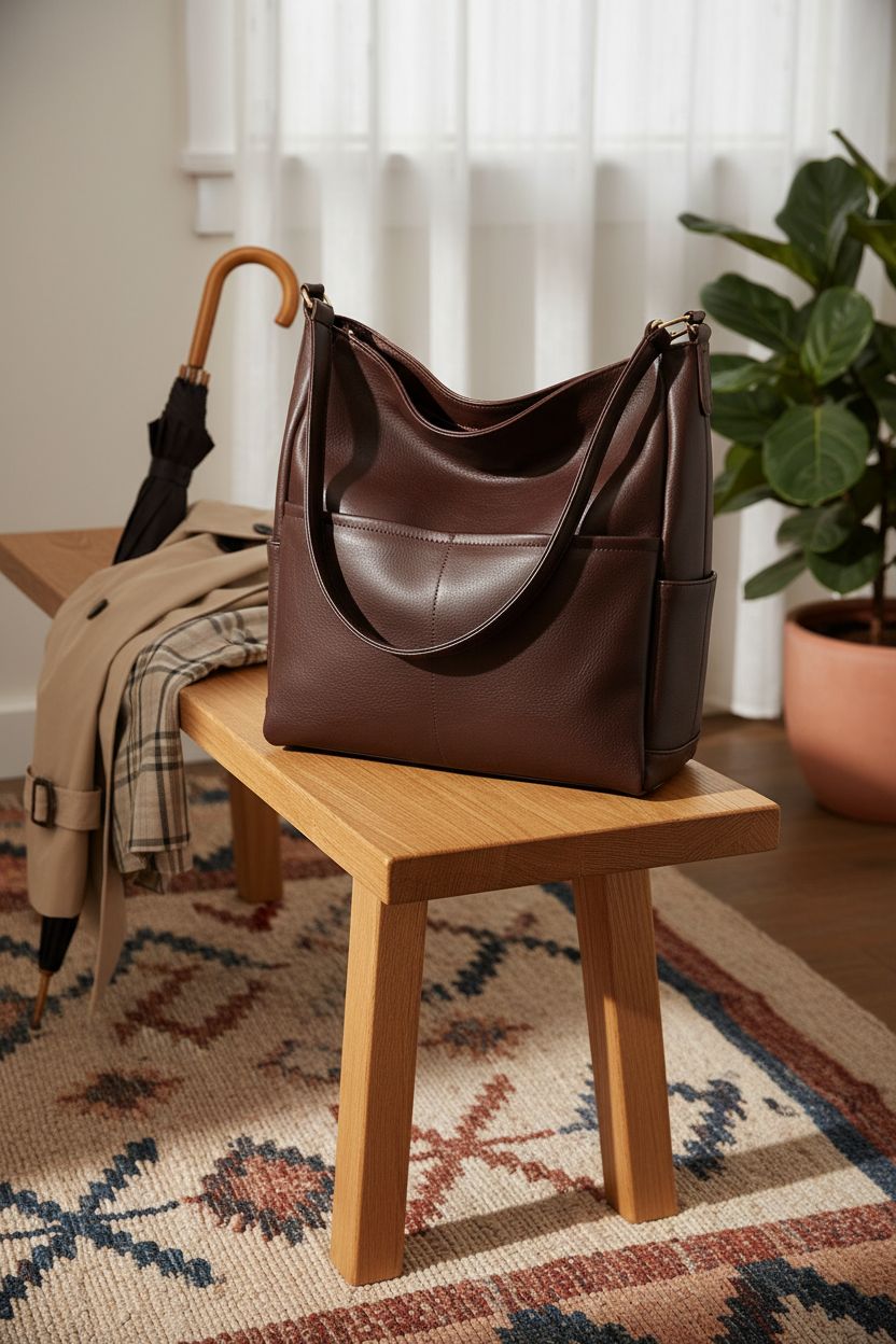 Ruvafeny dark brown vegan leather bag displayed in a cozy apartment setting, showcasing its elegance.