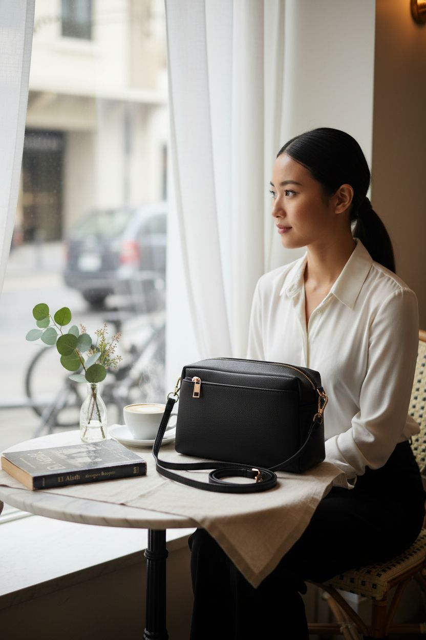 FashionPuzzle crossbody bag resting on a café table, cozy ambiance with a cappuccino and book, showcasing its stylish design.