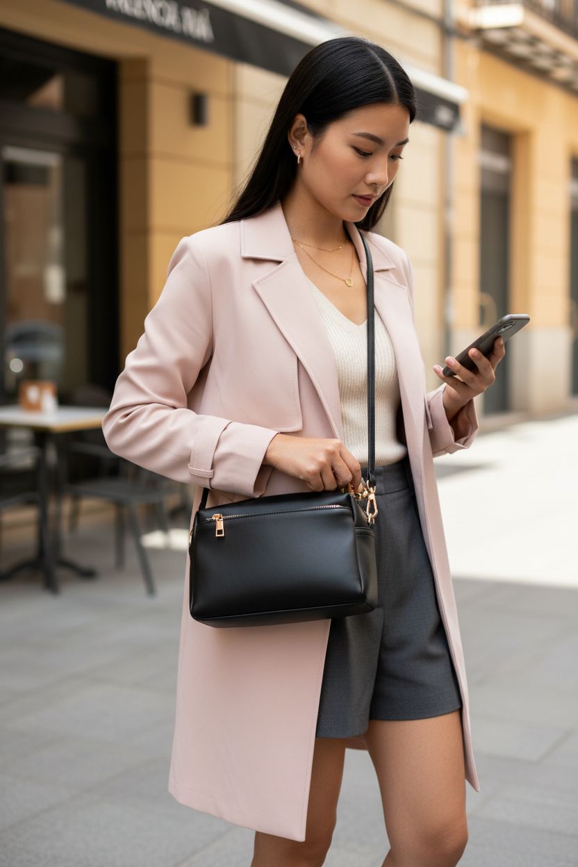 FashionPuzzle convertible crossbody bag in black, stylishly worn adjusting strap, triple zip compartments visible.