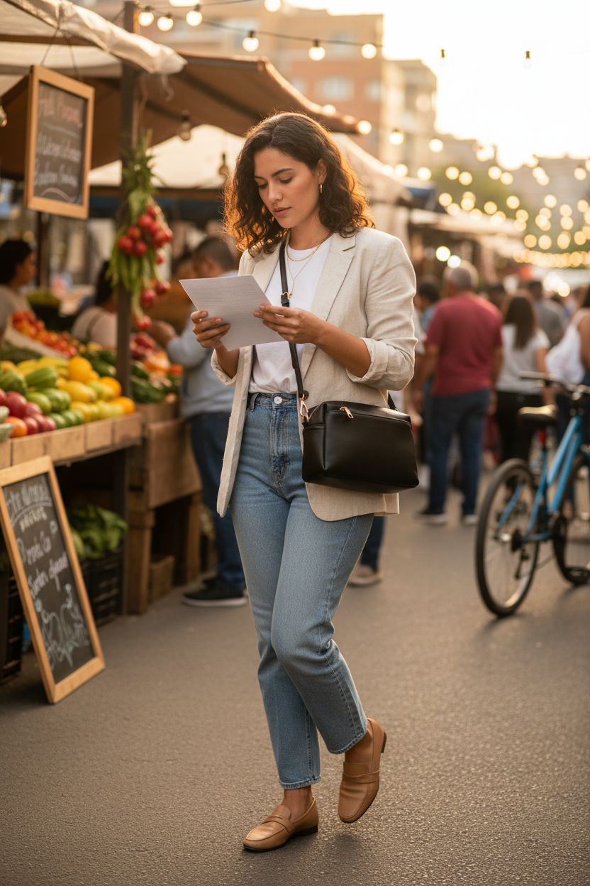 FashionPuzzle black crossbody bag at a market, hands-free convenience with chic outfit, perfect for weekend outings.