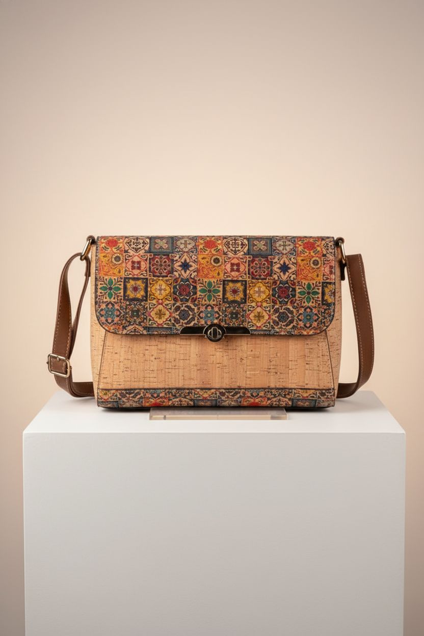 Tuokrisa cork purse on a studio set, showcasing design and texture