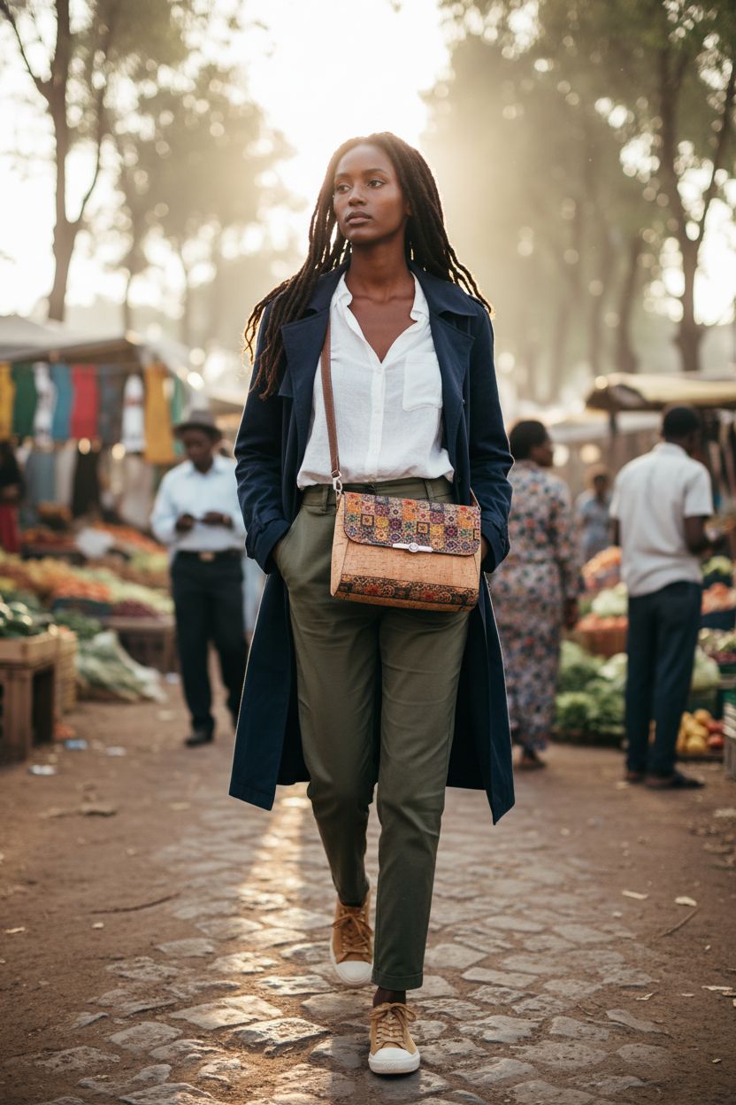 Tuokrisa natural cork zipper purse with mosaic flap at a vibrant market