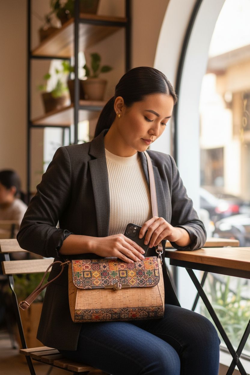 Tuokrisa cork purse showcased in a cozy café, demonstrating functionality