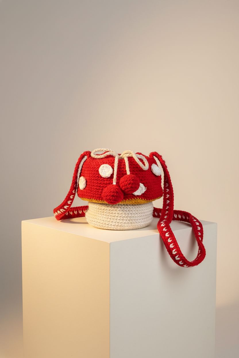 Product shot of Eghver red mushroom crochet purse on a clean backdrop.