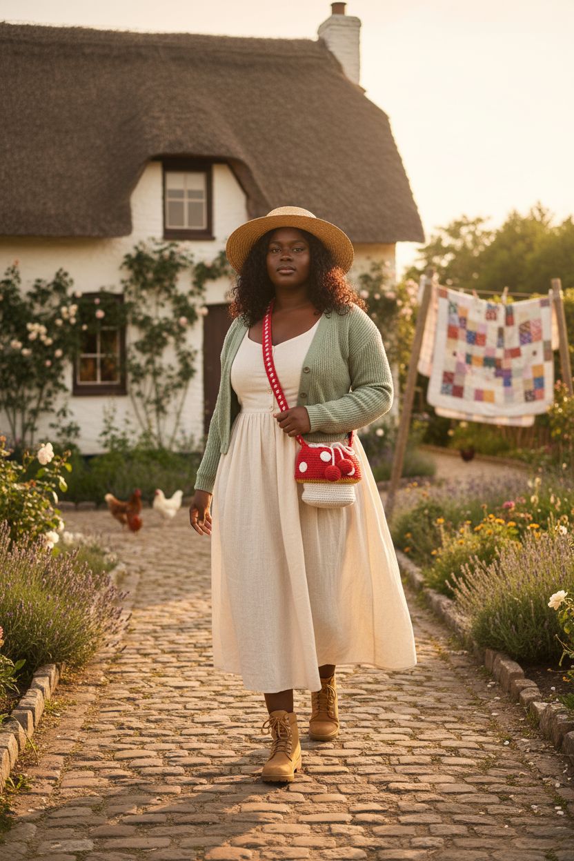 Red crochet mushroom crossbody purse by Eghver in a soft cottage garden setting.