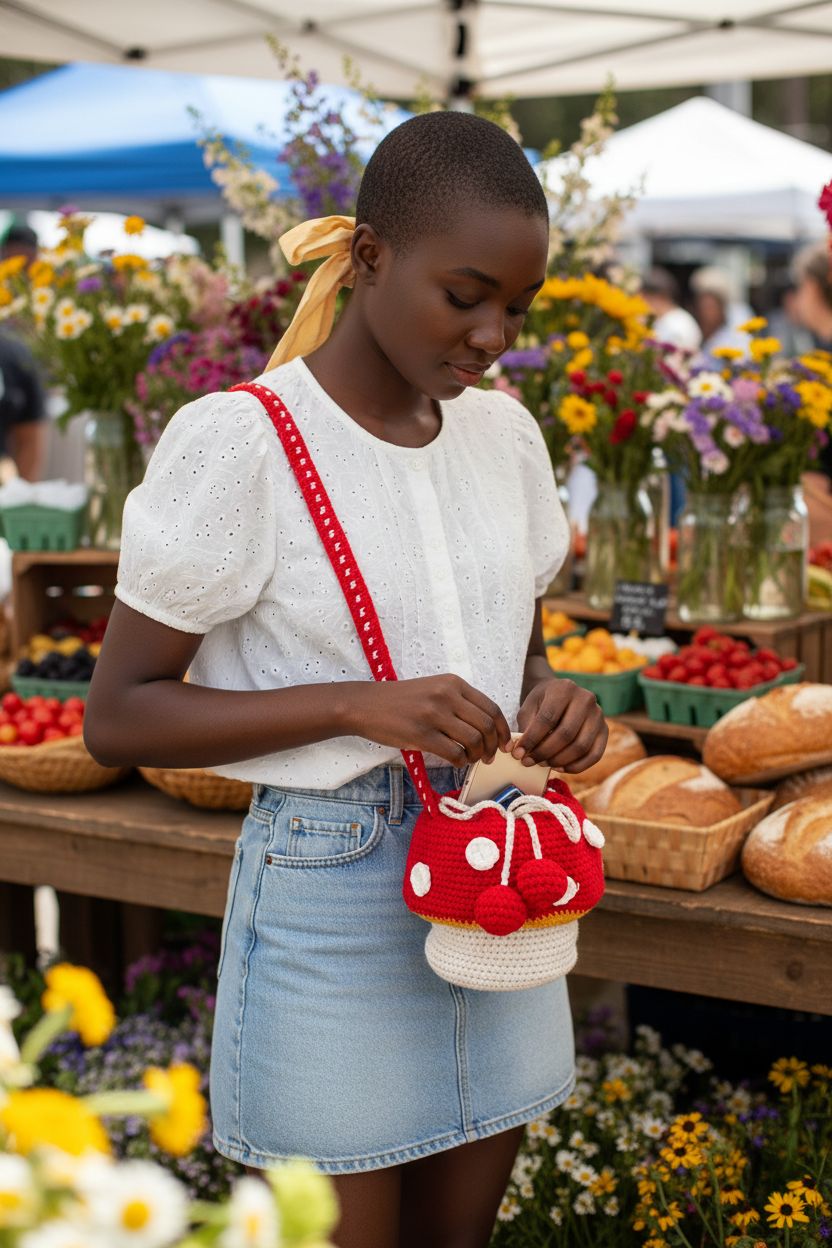 Eghver red and cream mushroom crochet bag at a vibrant farmer's market.