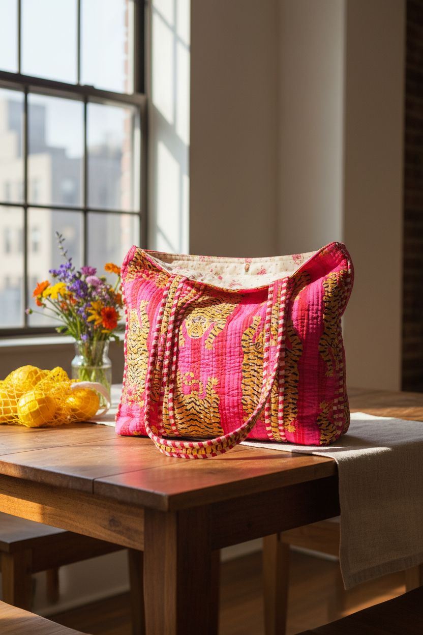 Cozy kitchen scene featuring a reversible quilted cotton tote bag on a wooden table, by Generic.