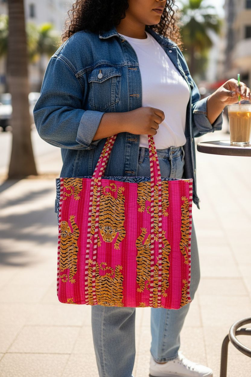 Hot pink cotton tote bag, showcasing quilted texture, ideal for coffee runs, by Generic.