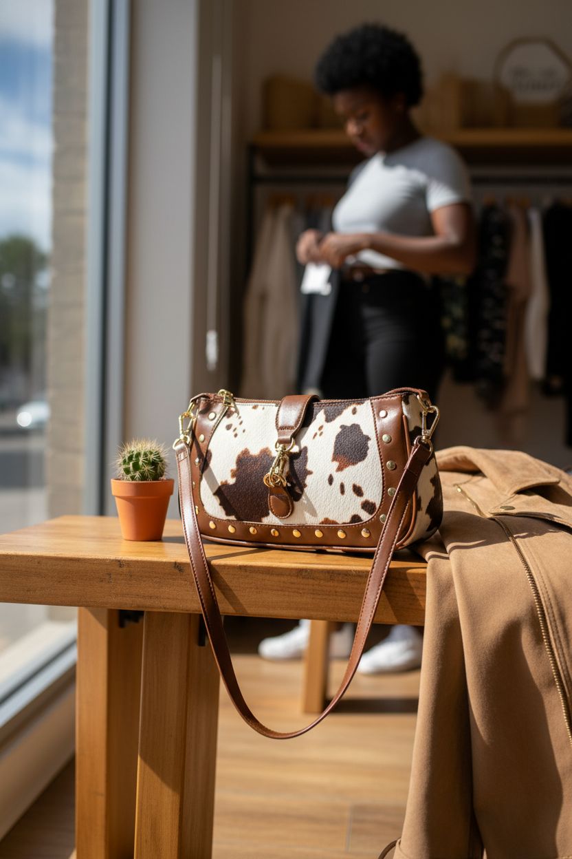 RoseSeek cow print handbag elegantly displayed on a rustic bench with sun-dappled lighting.