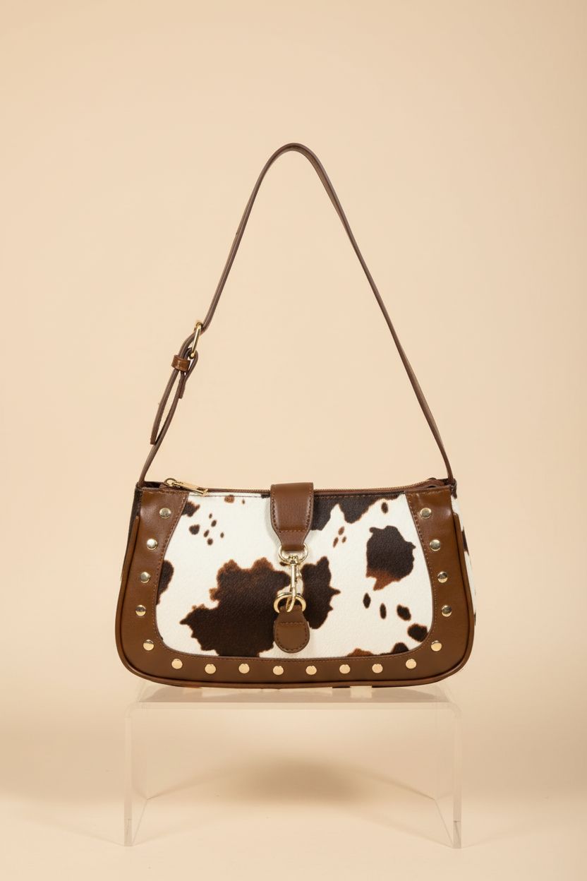 RoseSeek cow print purse presented on an acrylic riser to highlight its design and features.