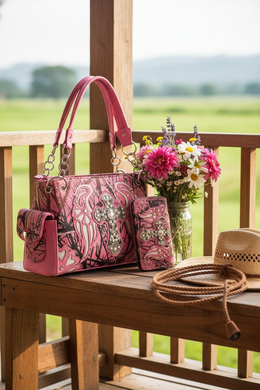 Justin West pink camo rhinestone-cross handbag on a rustic ranch porch with wildflowers