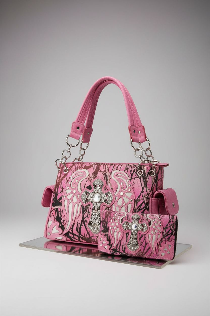 Justin West pink camo rhinestone-cross handbag and wallet on a clean studio backdrop