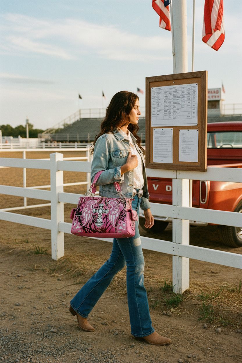 Justin West pink camo rhinestone-cross handbag swinging at a rodeo fairground