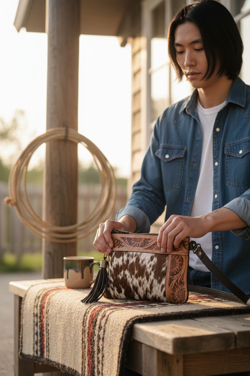 Merbaa cowhide purse on a rustic porch, exuding a warm, cozy vibe.