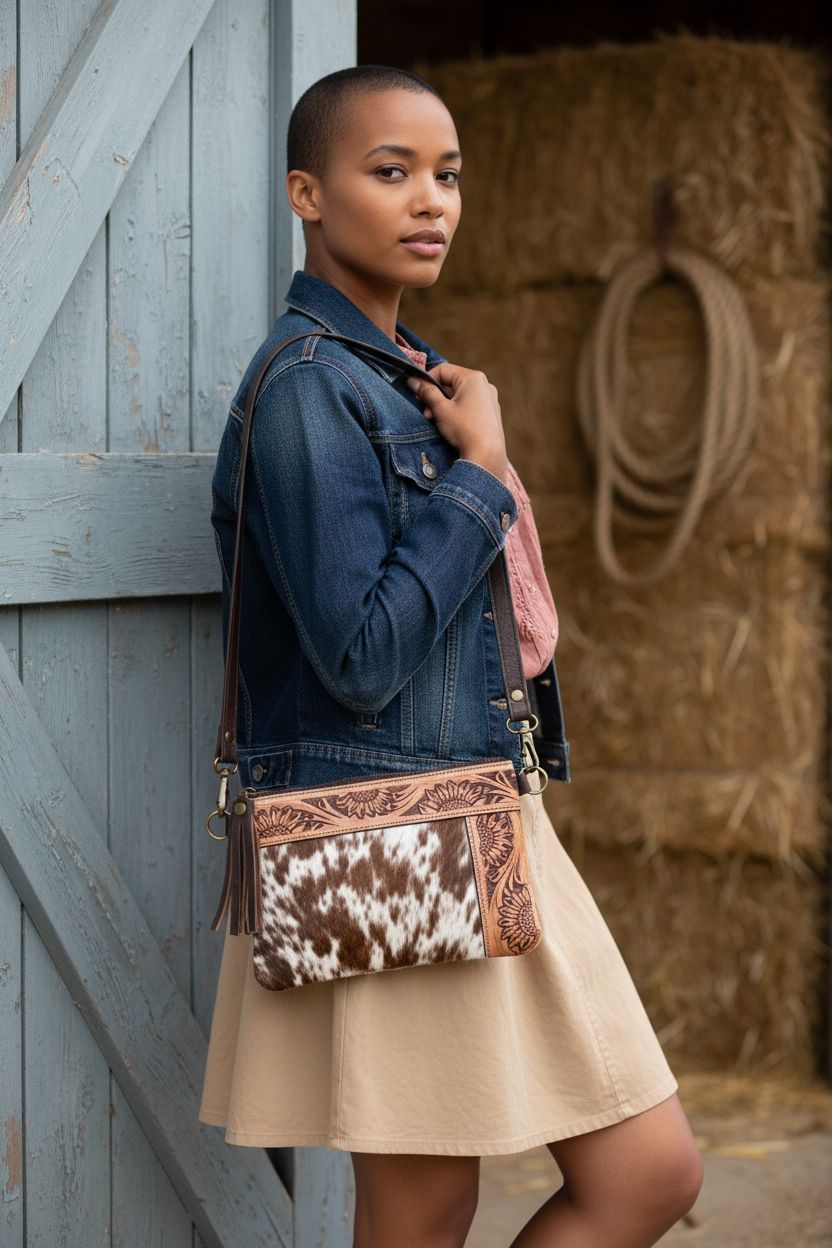 Merbaa cowhide purse with adjustable strap, styled against a rustic barn door.
