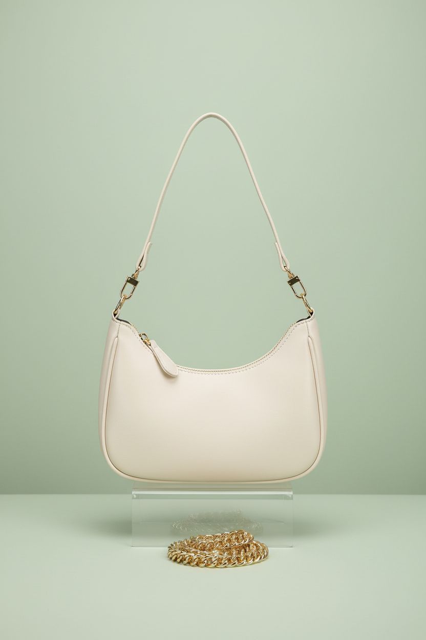 KKXIU cream purse showcased on a pedestal with polished details