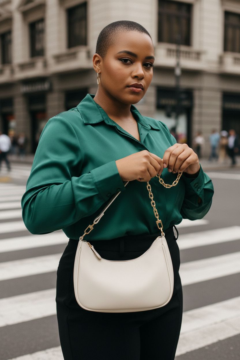 KKXIU cream shoulder bag styled with an emerald blouse and black trousers