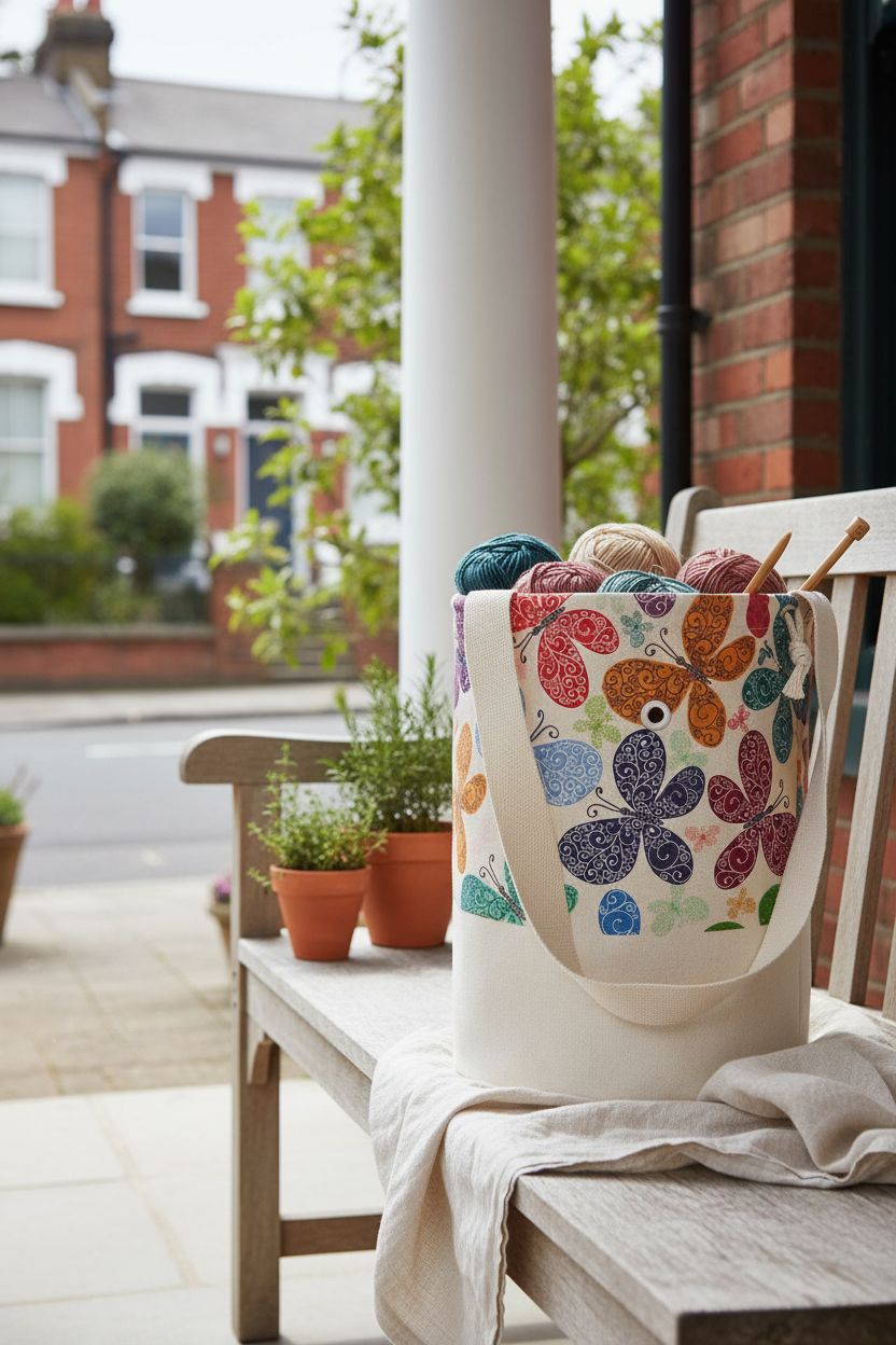 TOGETRUE crochet bag on a porch bench with yarn and greenery in a peaceful setting