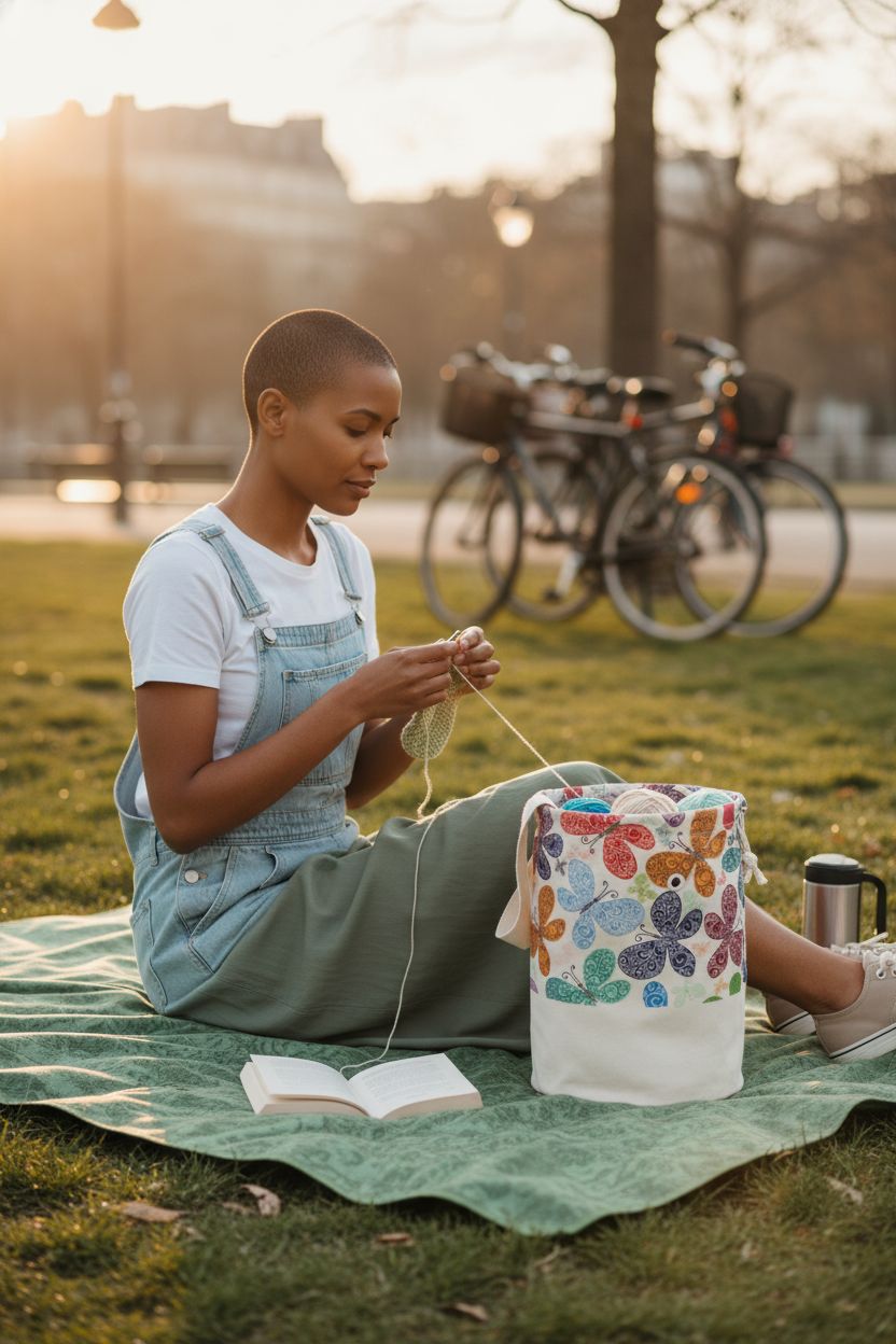 TOGETRUE yarn bag with colorful butterflies beside yarn and crochet project in a park