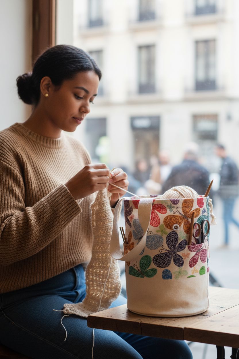 TOGETRUE portable yarn storage bag on café table with yarn and tools for crocheting