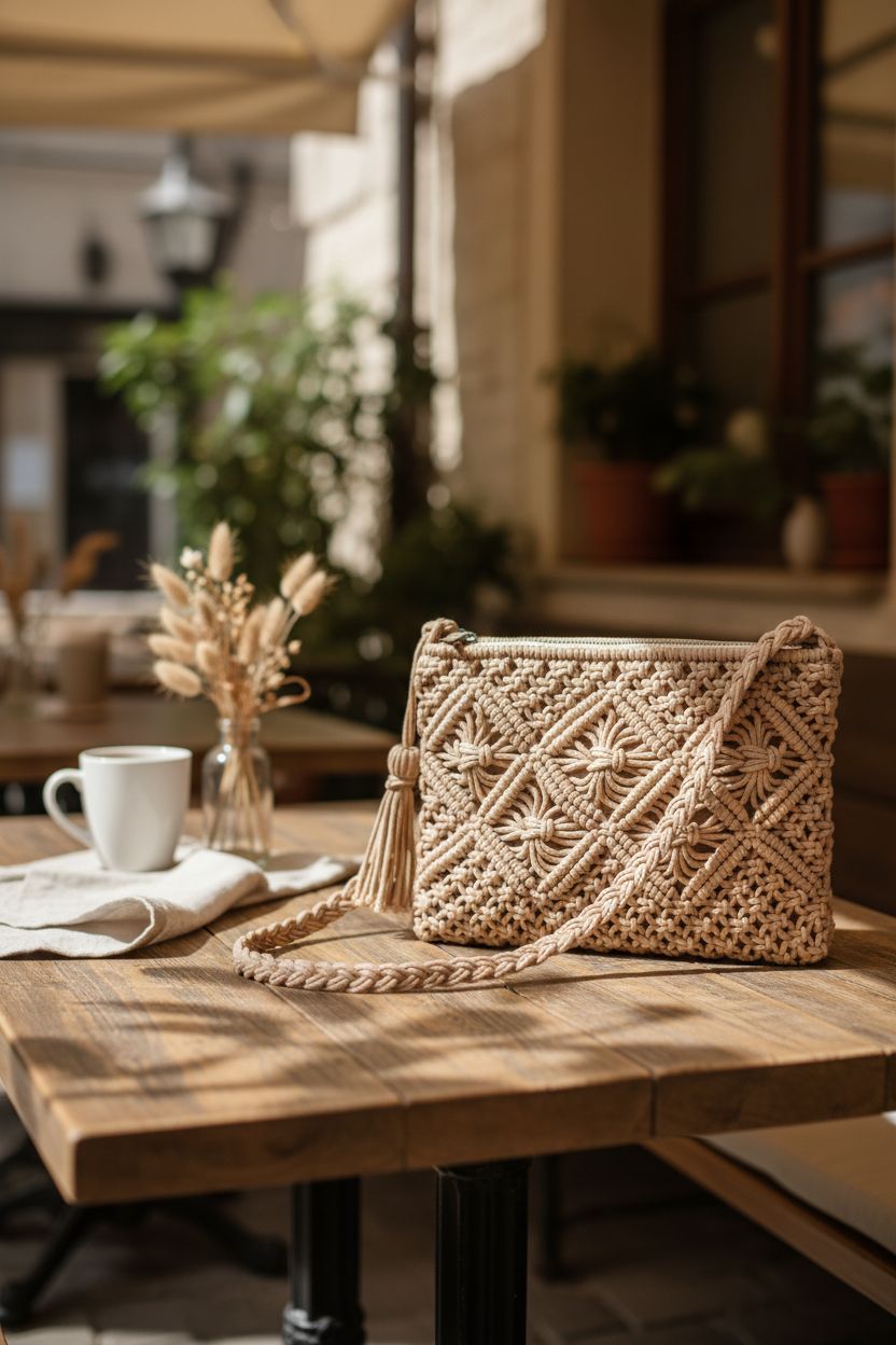 Eiyye handmade crochet purse on a rustic table, complementing a cozy café vibe.