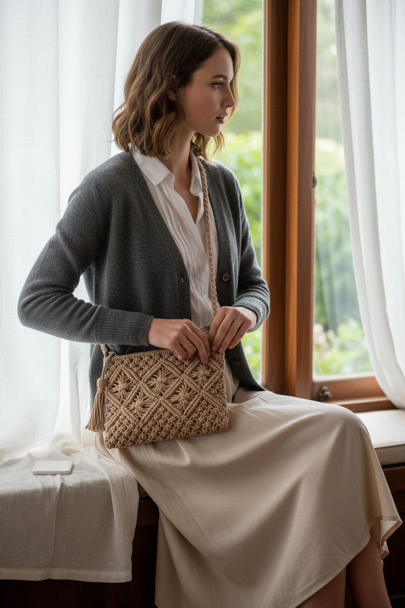 Eiyye crochet crossbody bag in khaki with tassel, styled with casual chic outfit.