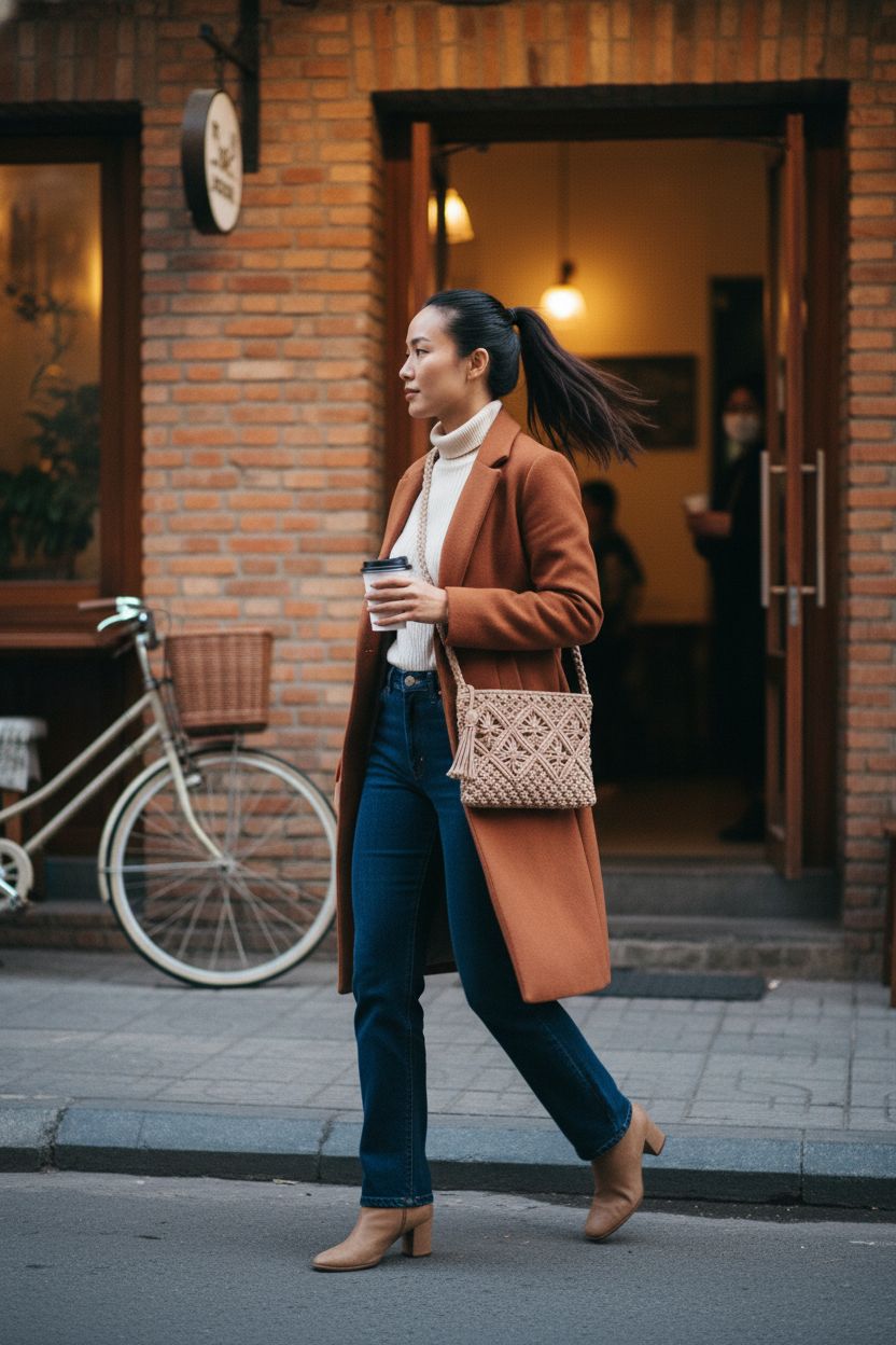Eiyye boho knitted purse swinging beside a café, perfect for casual outings.