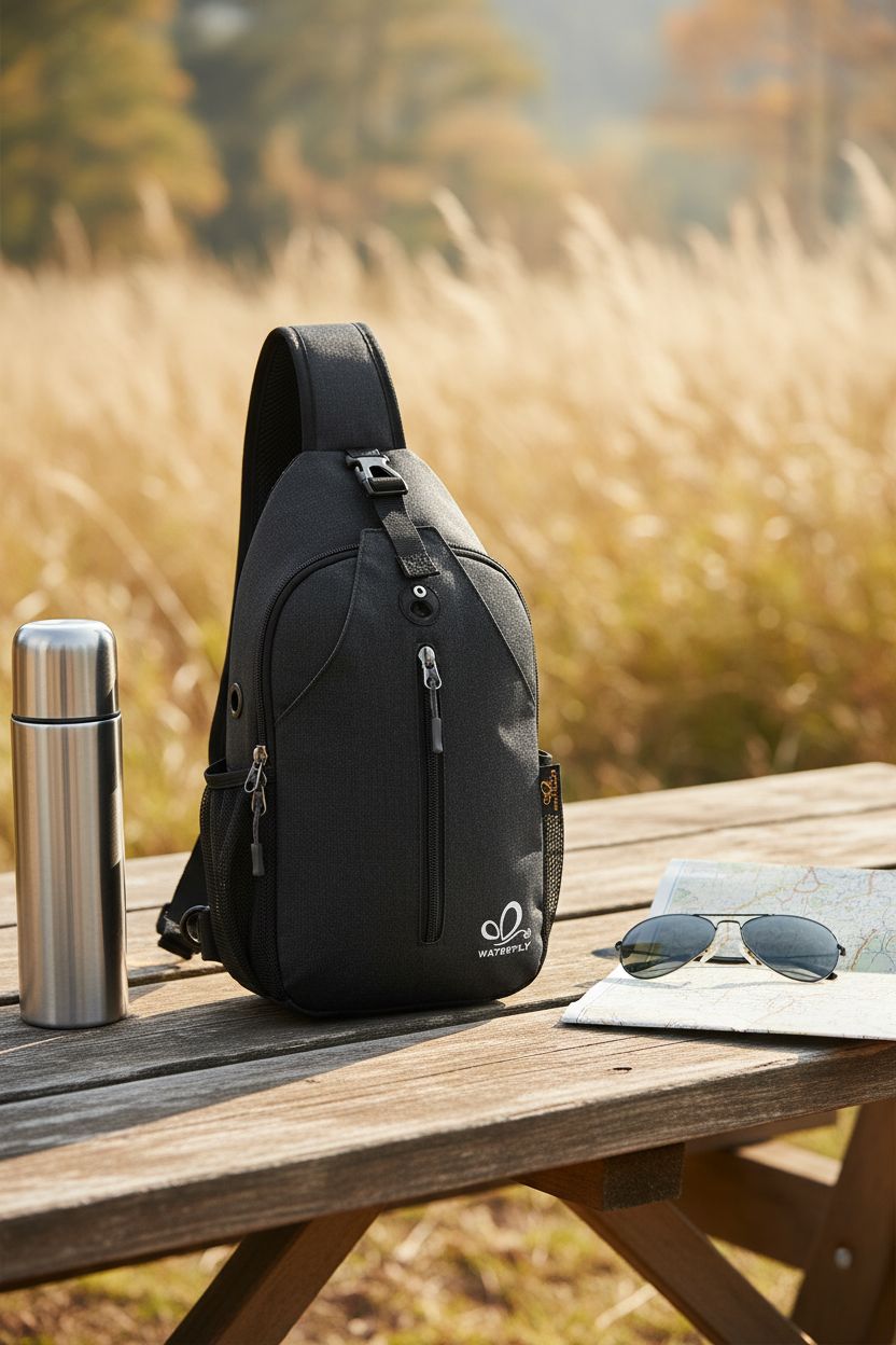 WATERFLY sling bag resting on a picnic table with a map and thermos, perfect for outdoor adventures.
