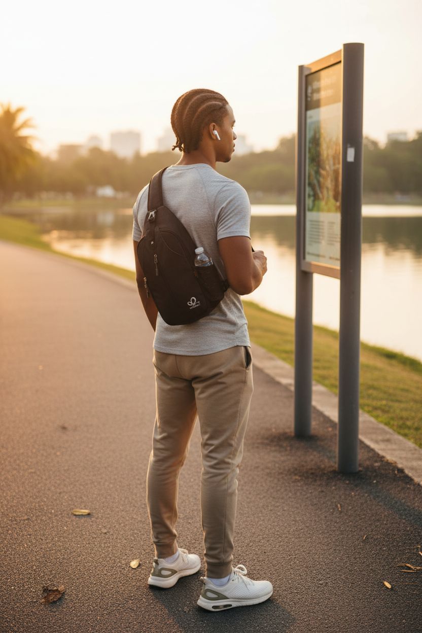 WATERFLY crossbody sling bag worn during a run by a lakeside, showcasing its secure fit and practical side pocket.