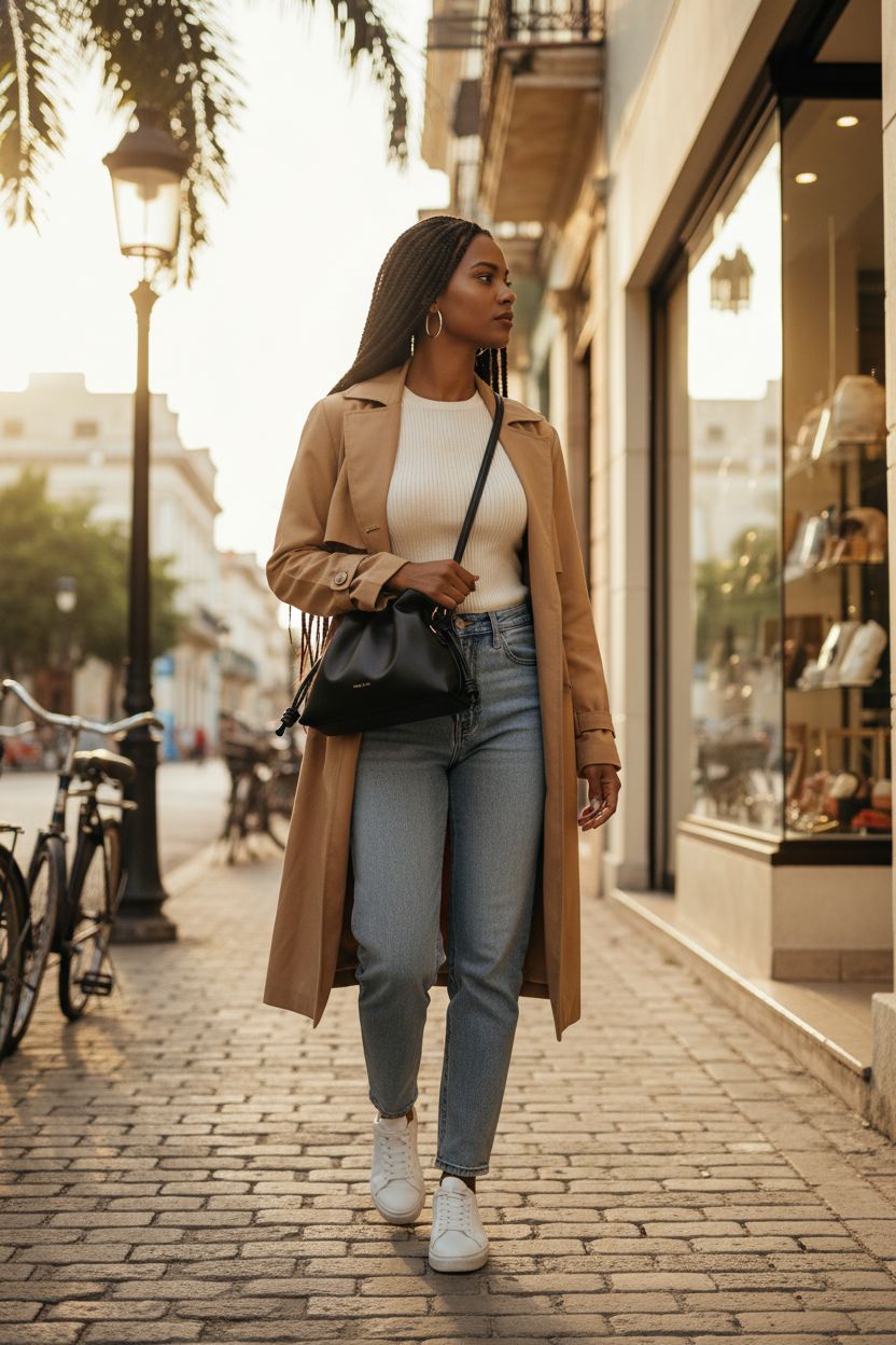 UICIOP minimalist black crossbody bag styled with casual outfit in warm urban setting
