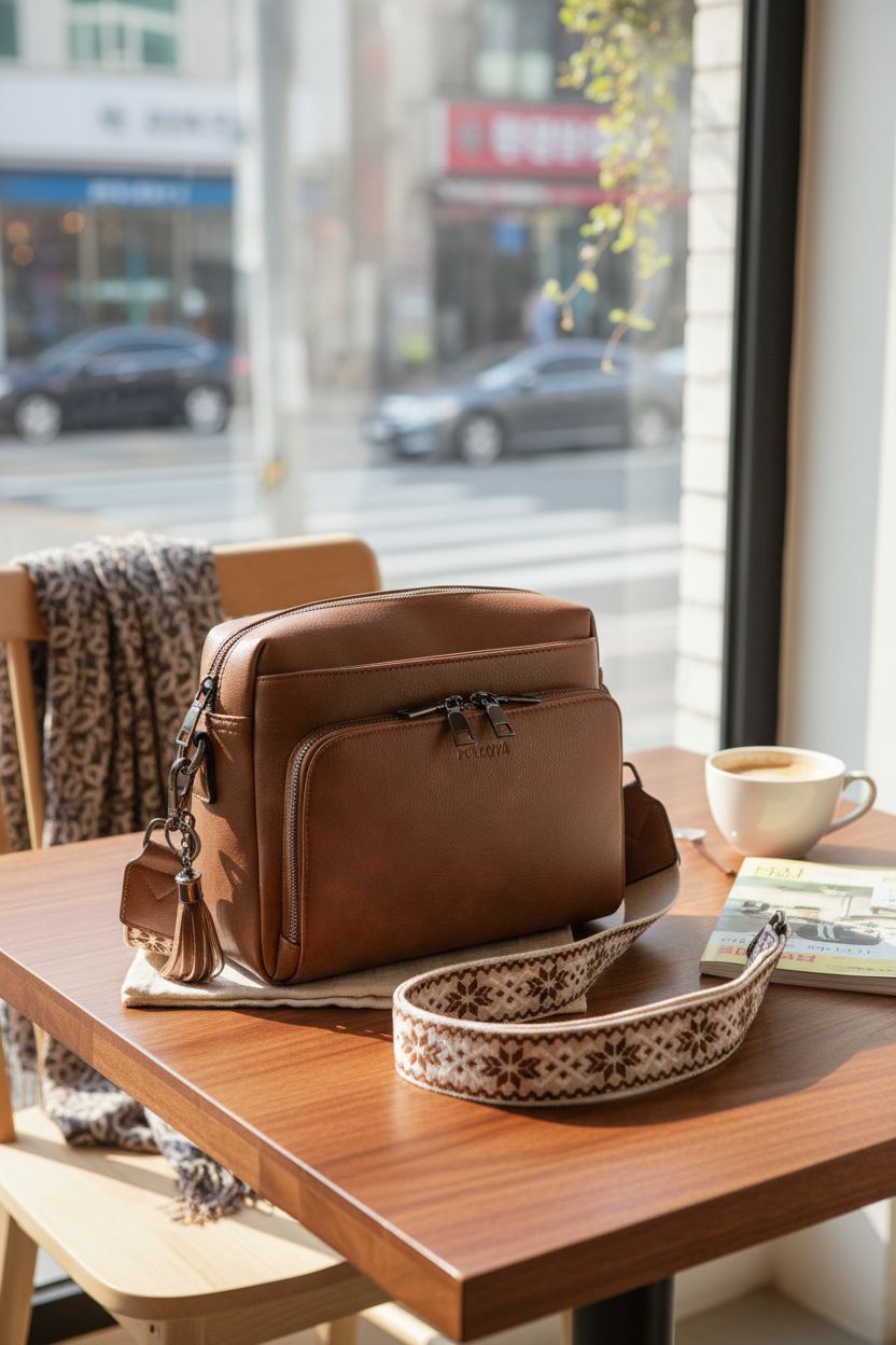 POIUGOYA crossbody bag in warm brown, resting on café table with city guidebook