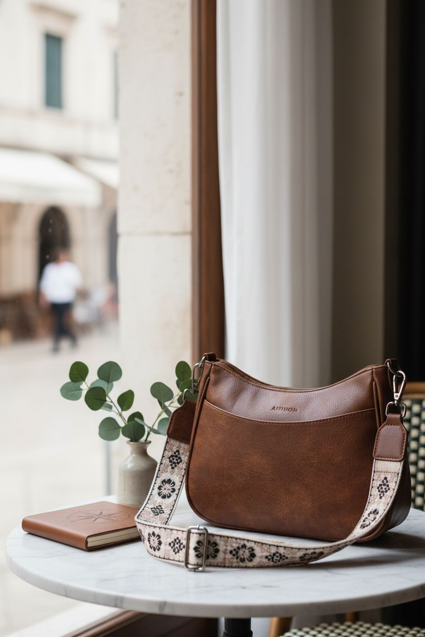 APHISON leather crossbody purse resting on a marble table in a cozy café setting