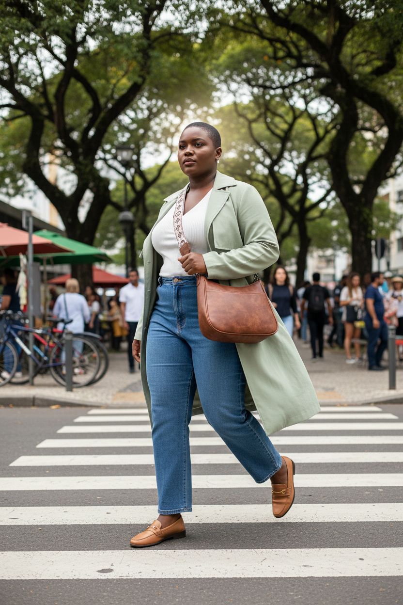APHISON trendy leather crossbody purse worn at the hip over a stylish outfit in a market setting