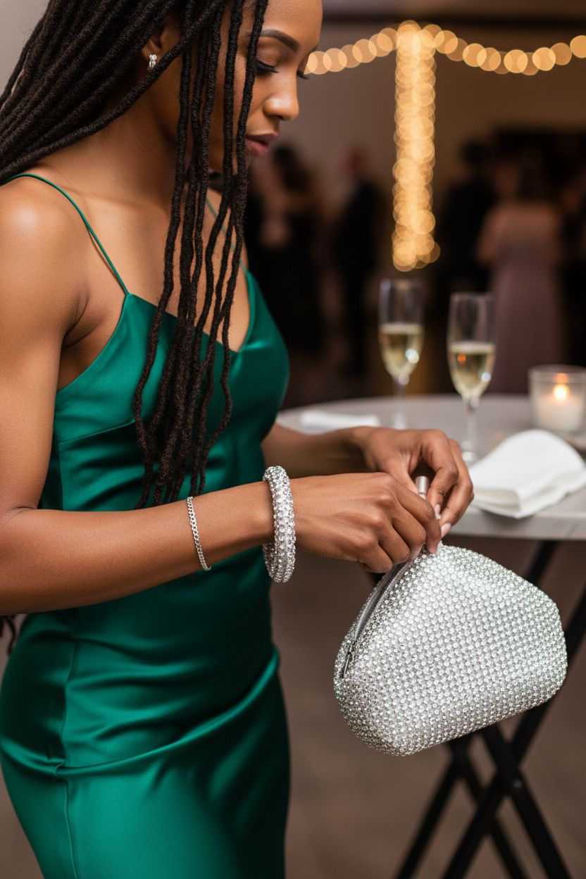JIAN YA NA rhinestone clutch at a wedding reception, showcasing its elegant design and functionality.
