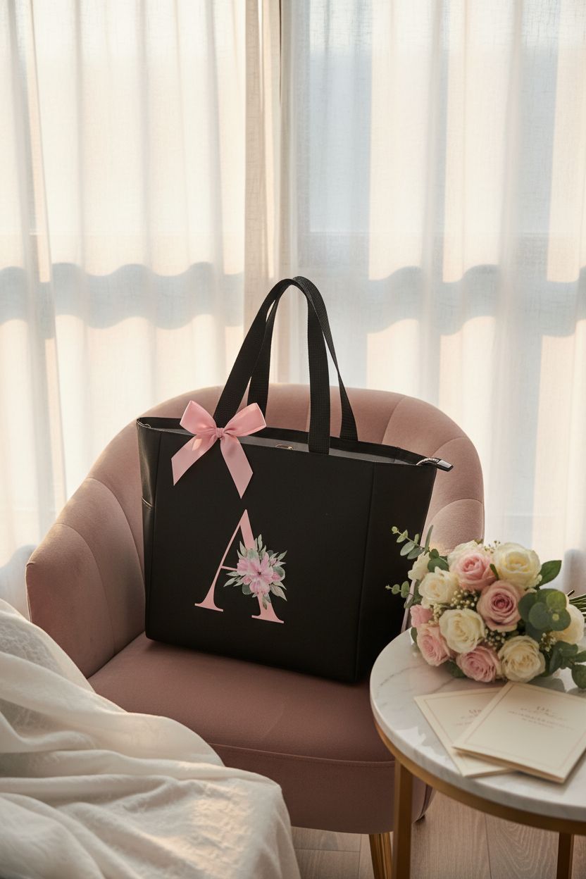 Vavabox Tote Bag with Floral Initial and Bow in an elegant lounge setting
