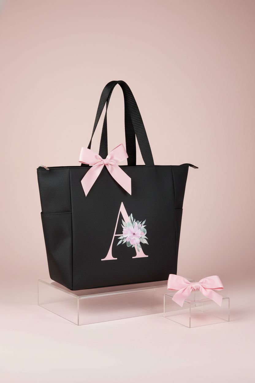 Vavabox Custom Tote Bag showcasing floral initial on a blush background