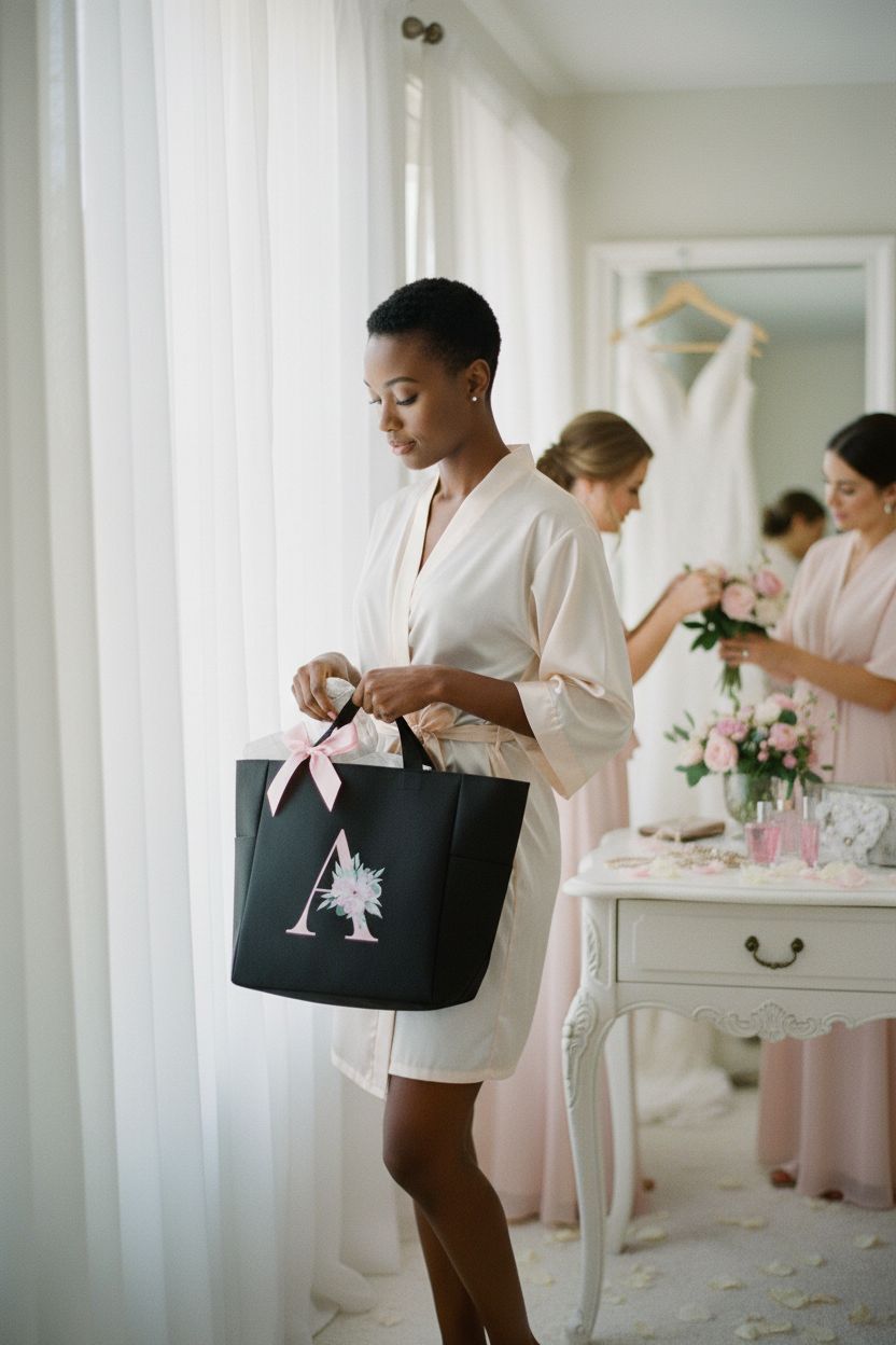 Vavabox A-Z Initial Monogrammed Black Tote Bag with Pink Bow in a bridal suite