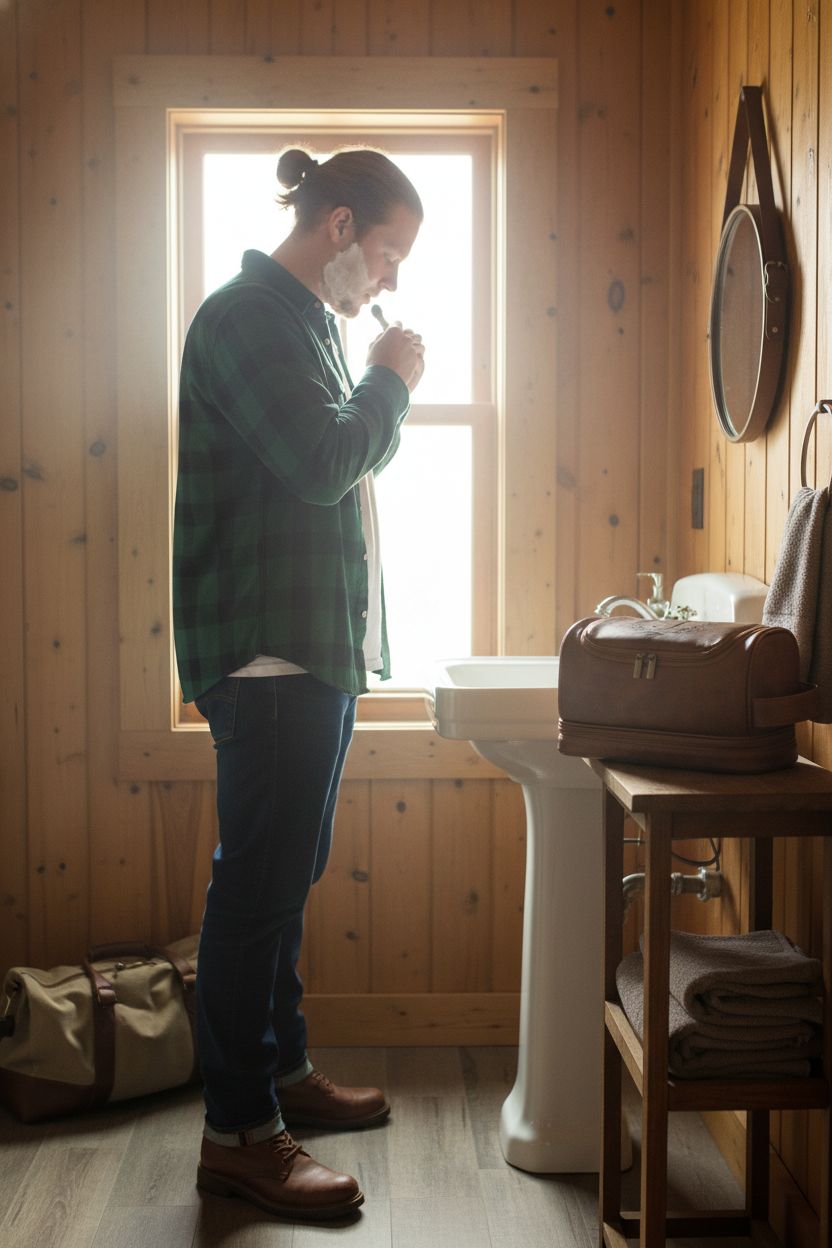 Aganmi light brown PU leather dopp kit on a vintage sink in a cozy washroom