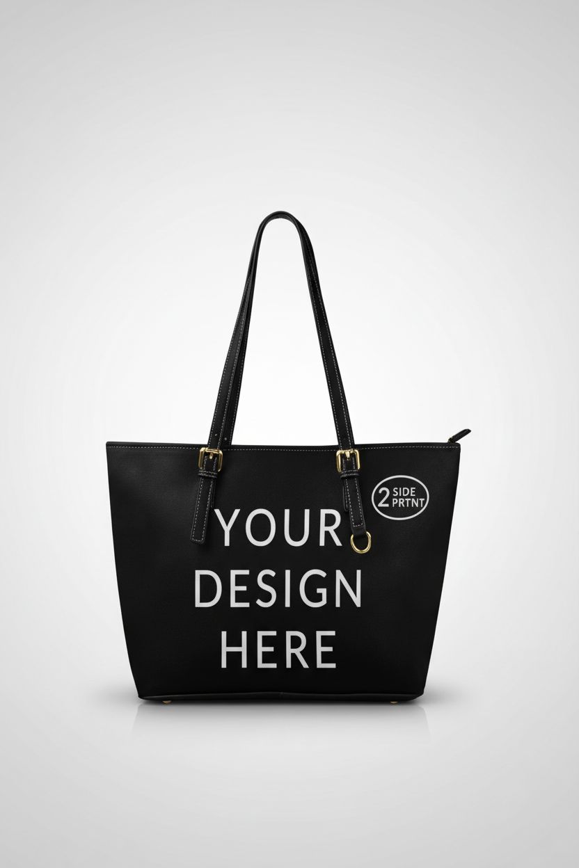 Product shot of DIYKST's black PU leather custom tote bag highlighting its design and texture.