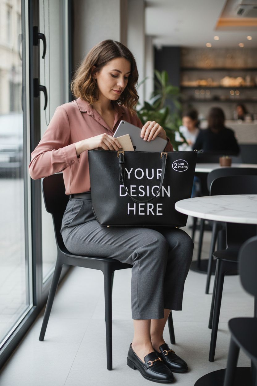 Personalized black tote bag by DIYKST, stylishly placed on a café table with a tablet.