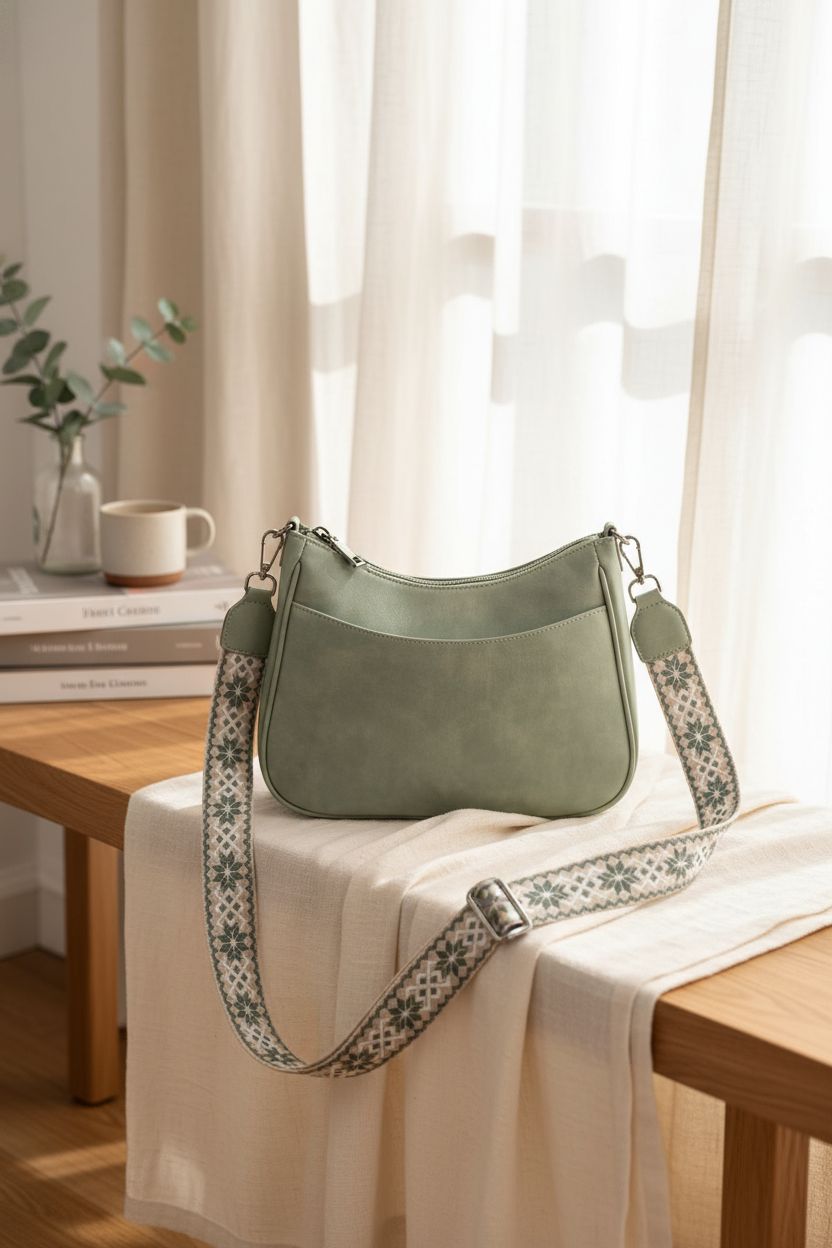 APHISON sage crossbody bag in a cozy reading nook, blending style with comfort.