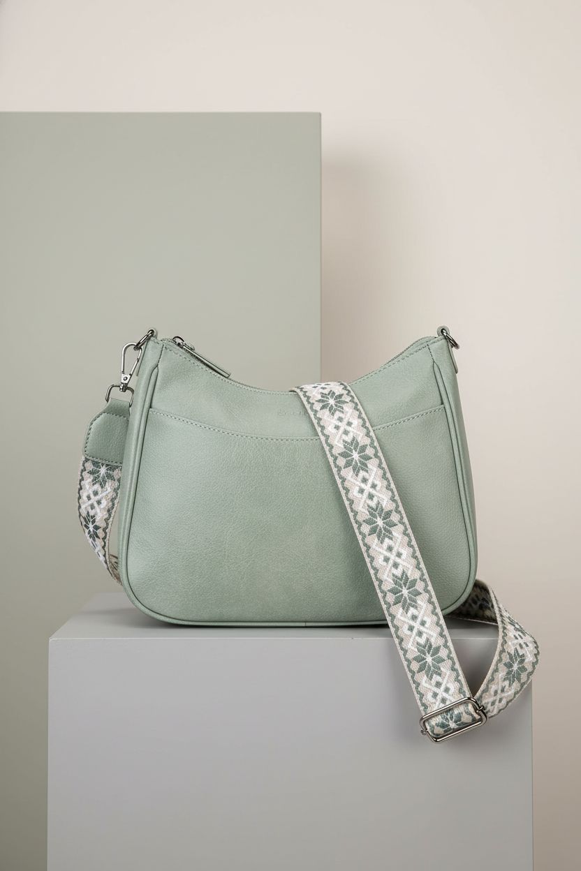 Product showcase of APHISON vegan leather crossbody bag, highlighting its sleek features.