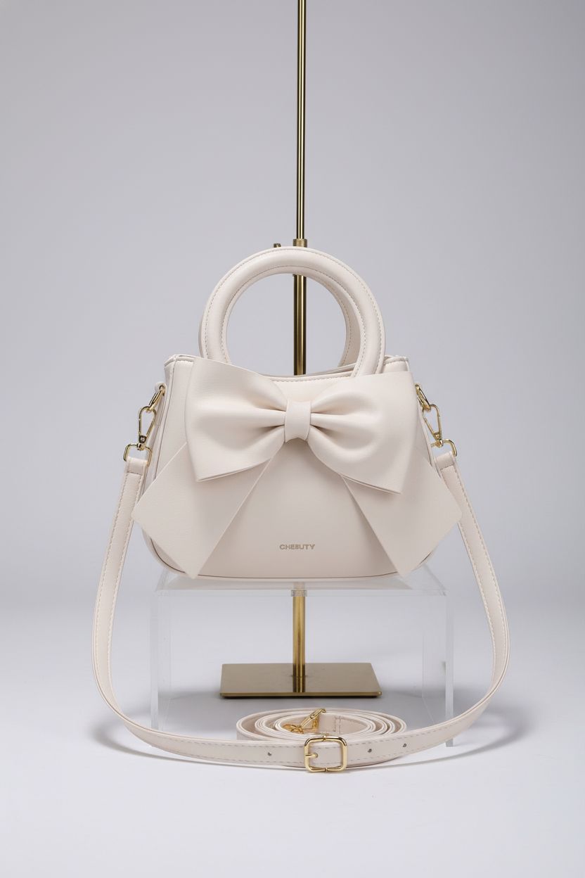 Product shot of a beige vegan leather crossbody purse with bow, showcasing its design by CHERUTY.