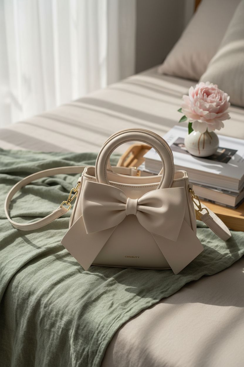 Beige CHERUTY bow-knot bag on sage-green linen, perfect for home decor.