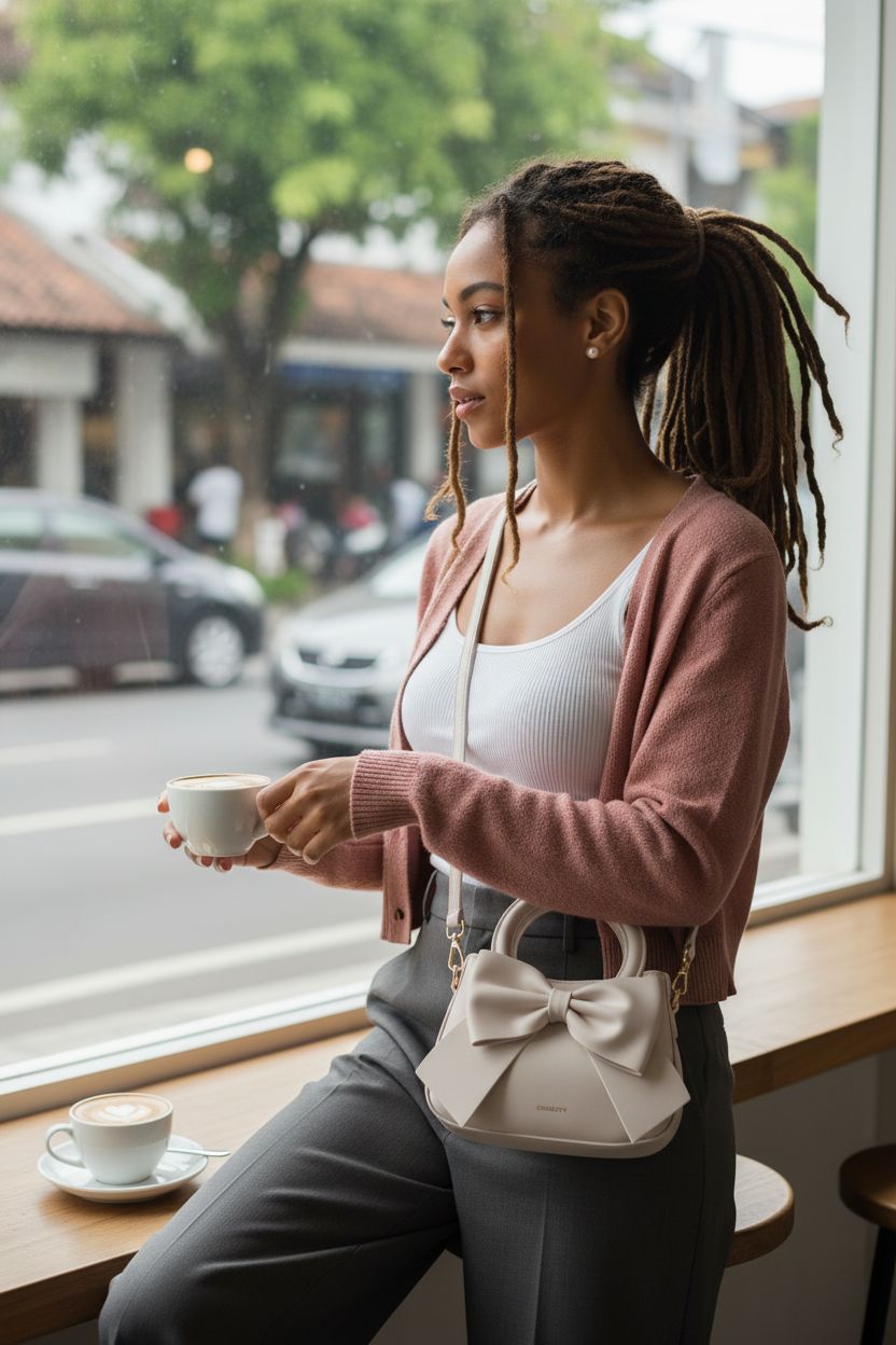 Beige CHERUTY crossbody purse with bow knot at cozy café, stylish and chic.