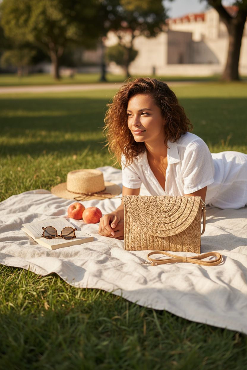Elegant COOKOOKY straw bag displayed on a picnic blanket, evoking a summer leisure vibe.